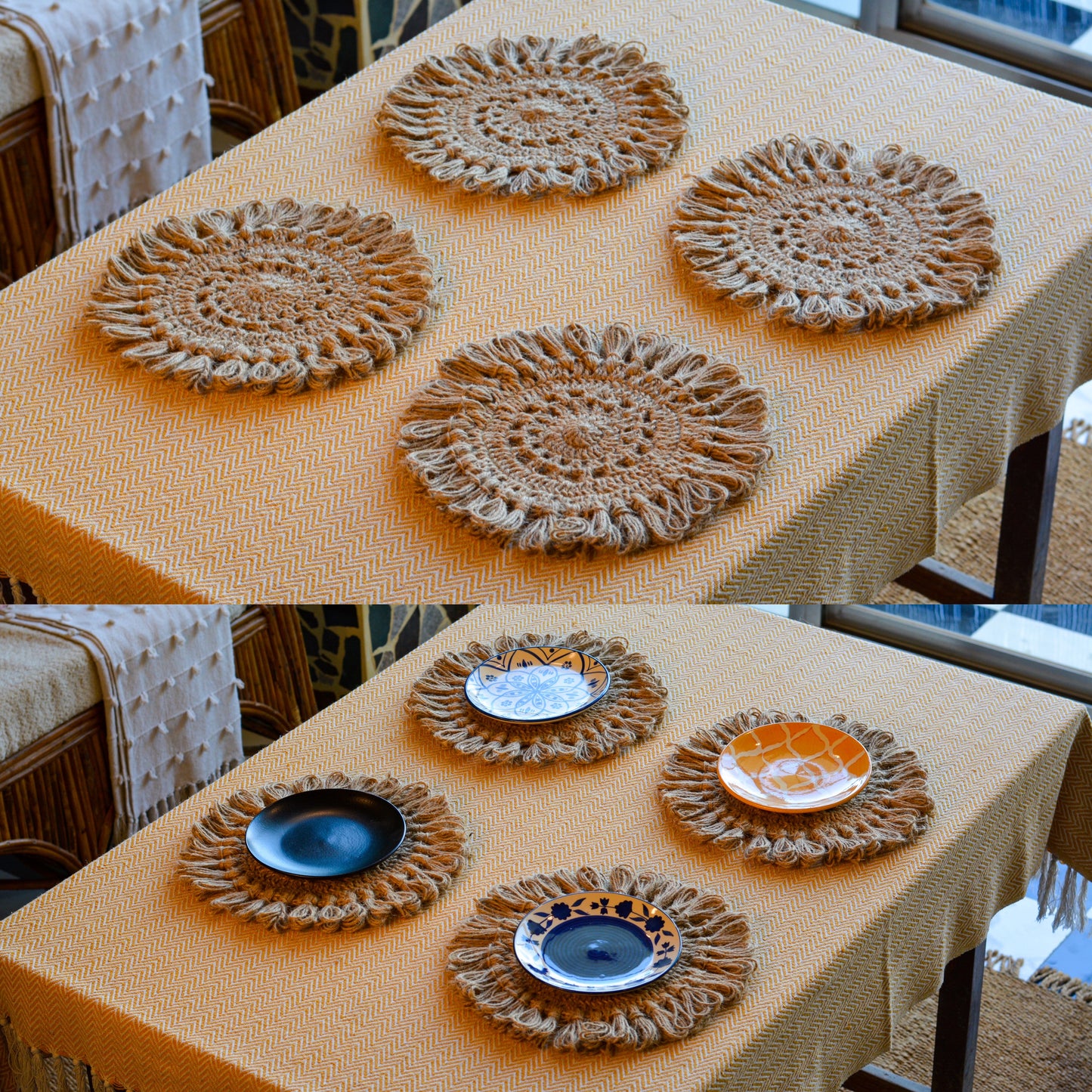 Jute Crochet Placemat for Dining Table, Handmade Round Woven Table Mat, Natural Boho Dining Table Decor, 13 Inch Diameter, Pack of 4