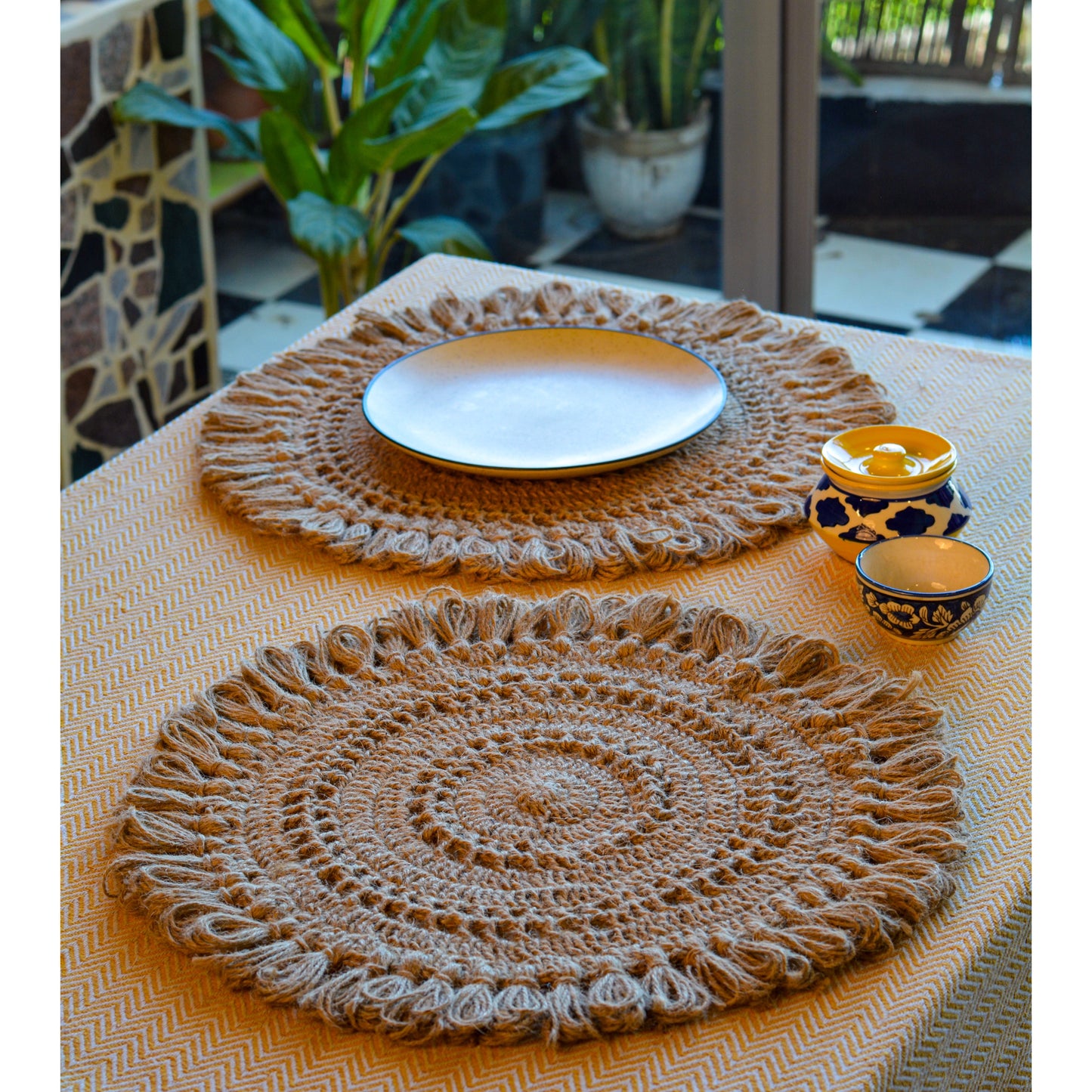 Large Round Crochet Jute Table Mat ( Pack of 2 )