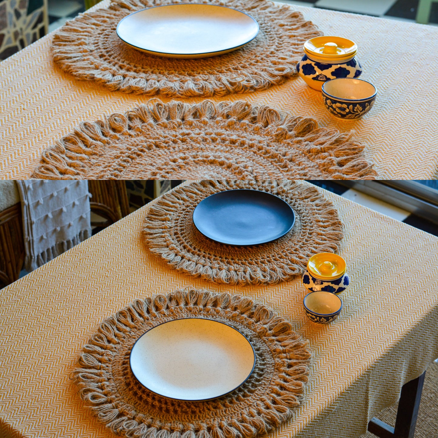 Large Round Crochet Jute Table Mat ( Pack of 4 )