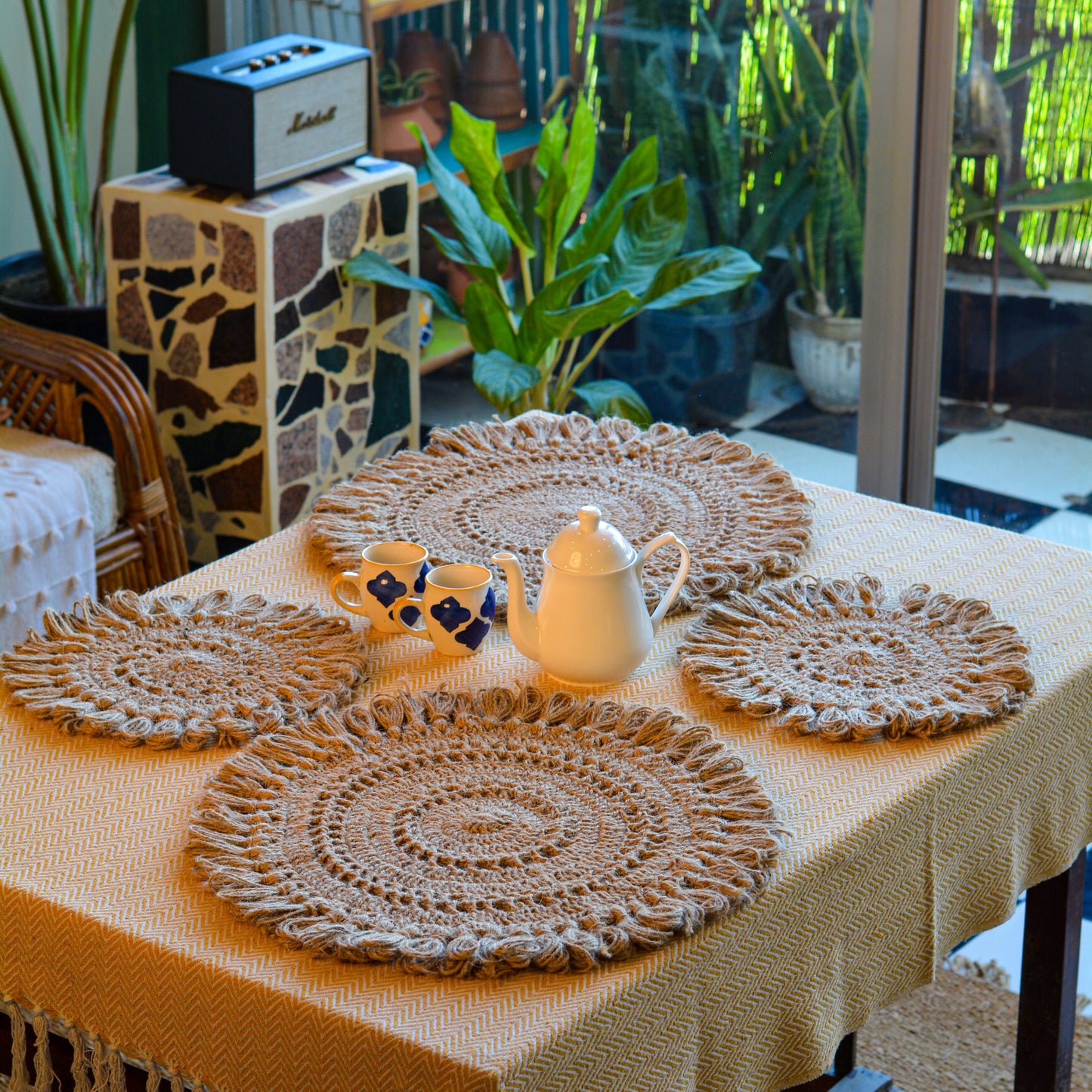 Round Woven Crochet Jute Placemats (Combo Pack of 8 )