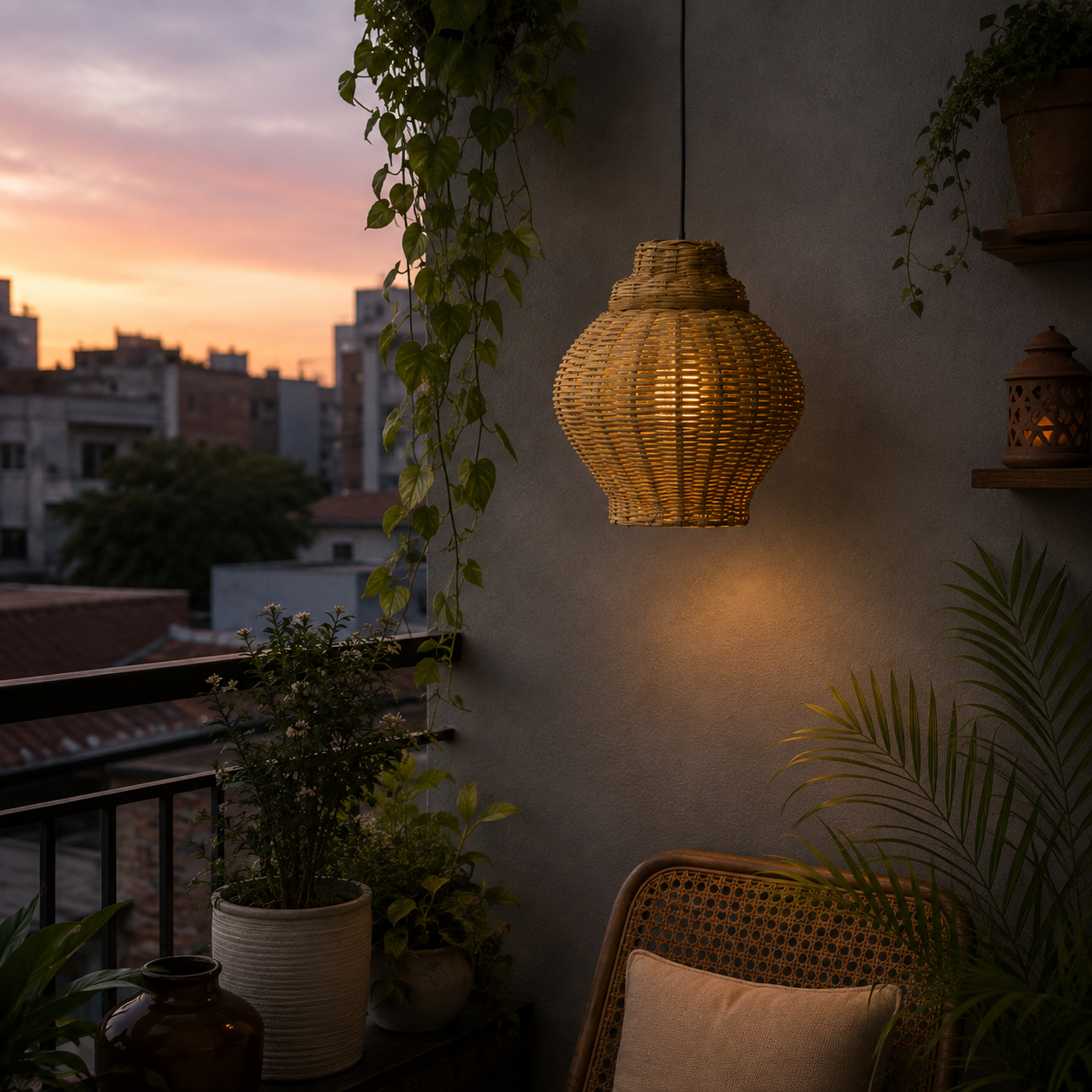 Handicraft Hanging Bamboo Cane Pendant Light Lamp For Diwali & Home Decor | Cafe Hanging Lamp| Resort Hanging Lamp, With Wire & Holder (Design 2, Pack Of 1),Brown