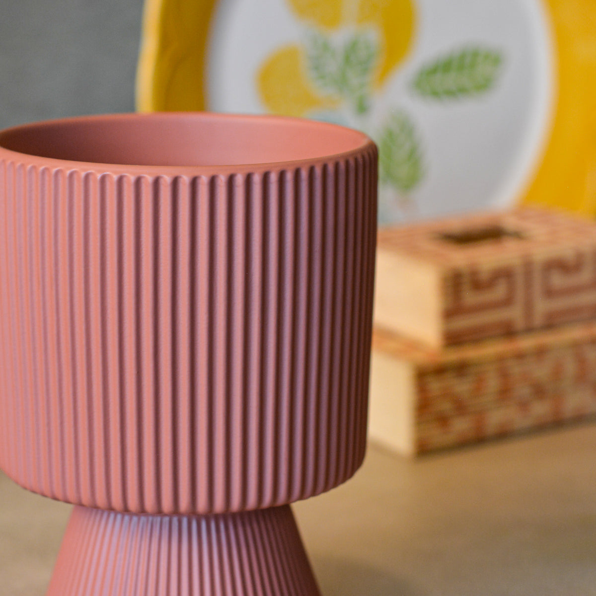 Ribbed Ceramic Planter, 4 Inch | Flower Pot for Indoor Plants with Drainage Hole, Peach