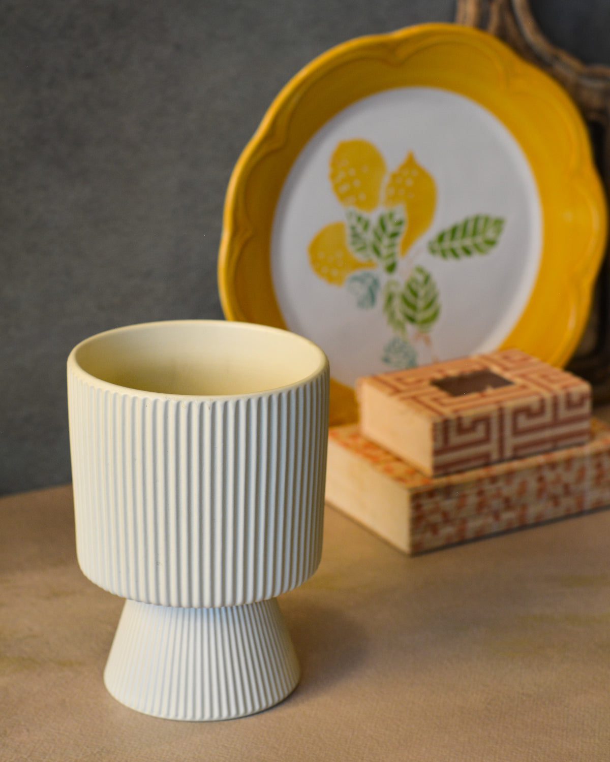 Ribbed Decorative Plant Pot for Home & Tabletop , Off -White