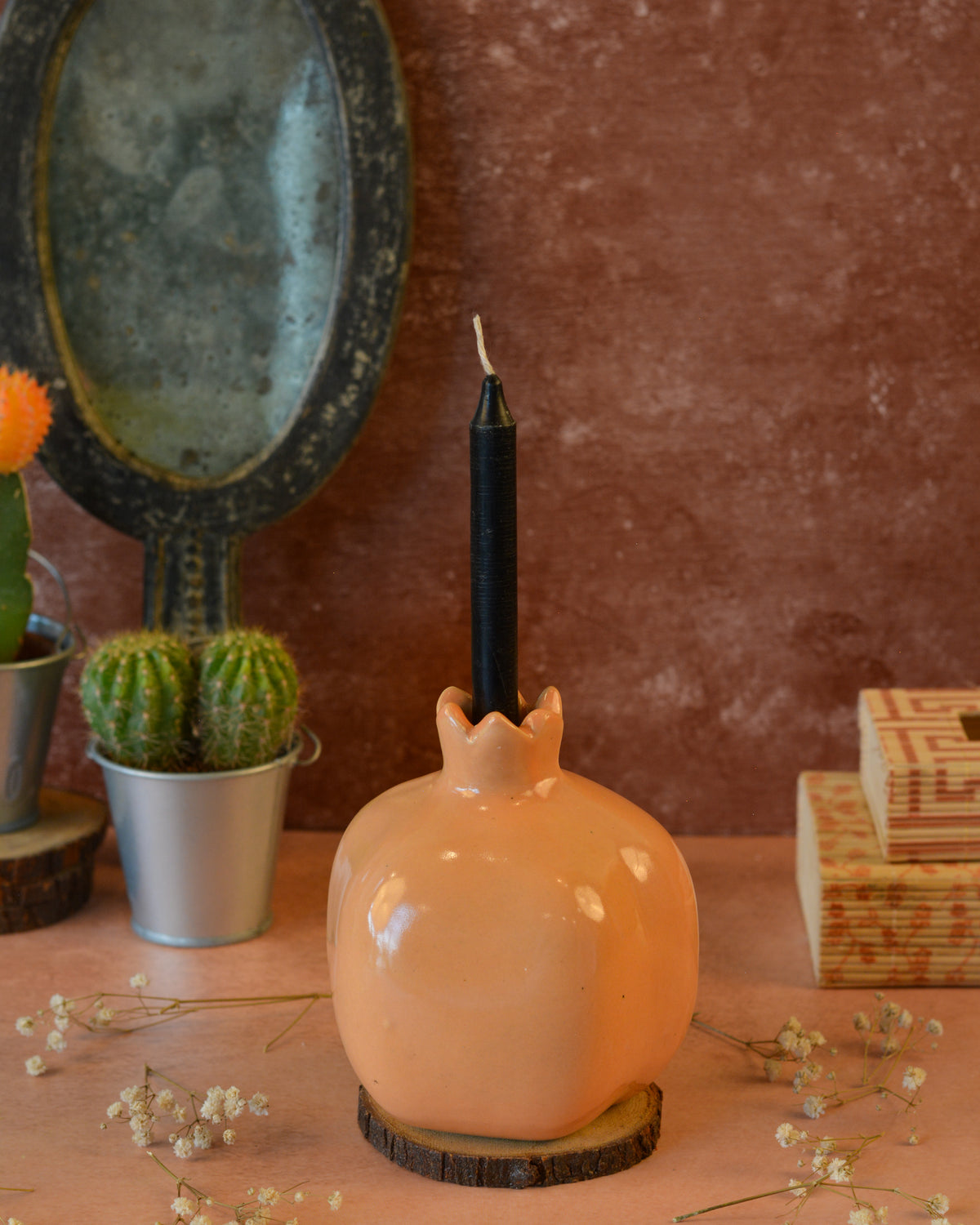 Pomegranate Style Ceramic Candle Stand for Home Decor - Peach