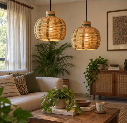 Handcrafted Bamboo Dome Pendant Lamp ( Set of 2 )