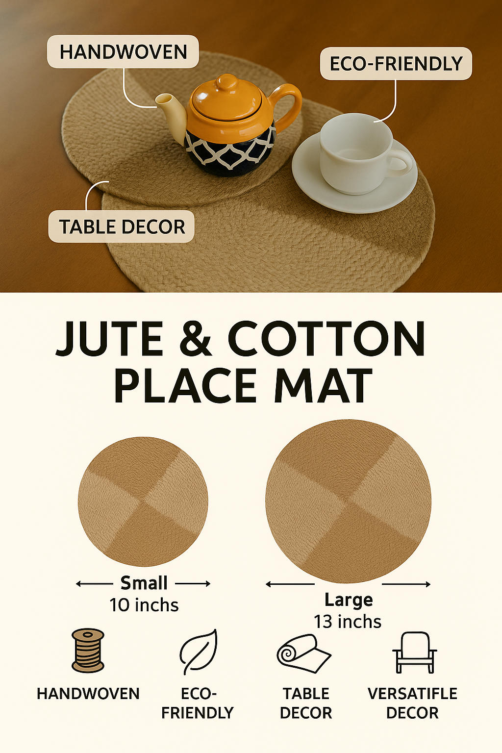 Round Jute-Cotton Thread Placemat ( Small, Single Piece )