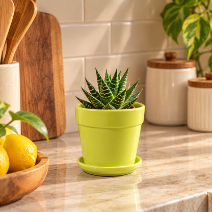 Glossy Finish Succulent Small Planter with Saucer, 3 inch Lime Green