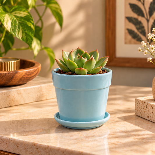 Glossy Finish Succulent Small Planter with Saucer, 3 Powder Blue
