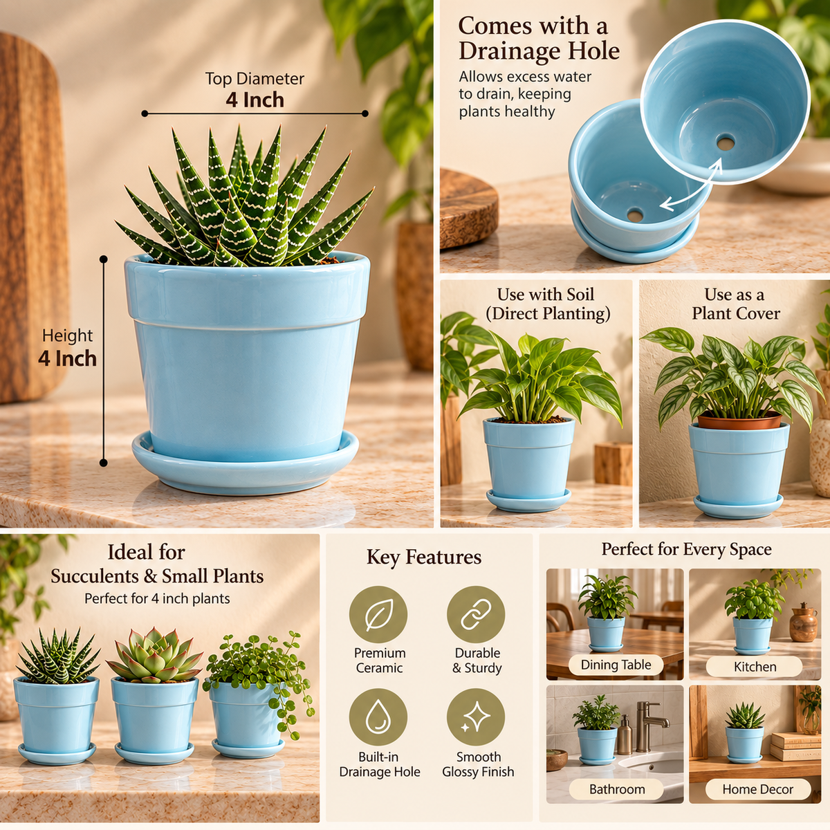 Glossy Finish Succulent Small Planter with Saucer, 3 Powder Blue