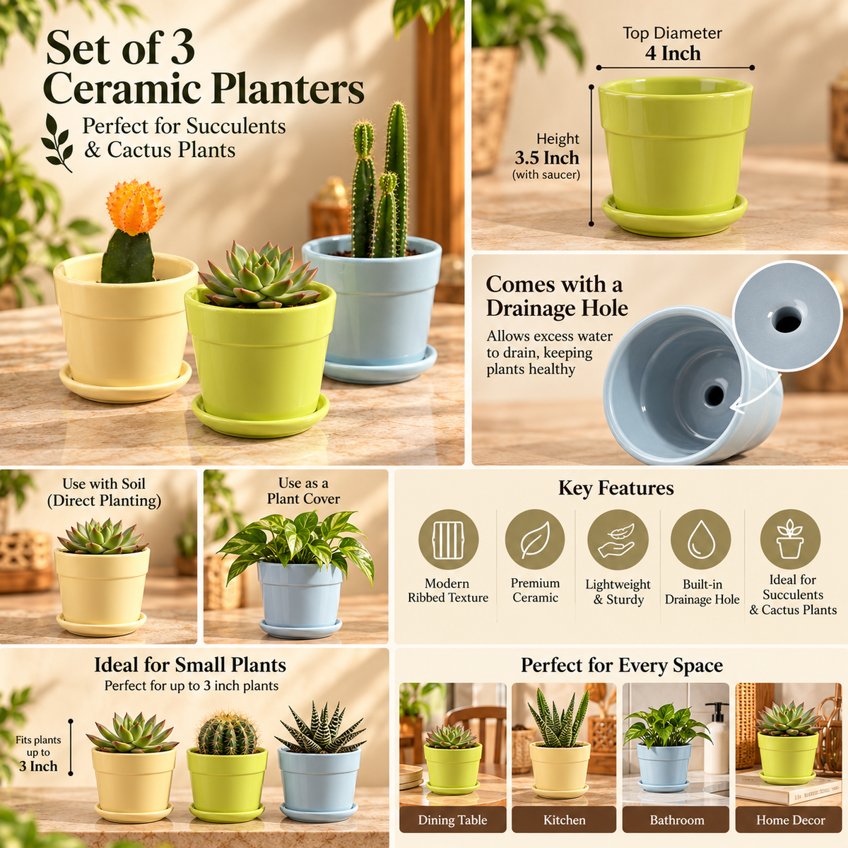 Glossy Finish Succulent Small Planter with Saucer set of 3, 3 inch