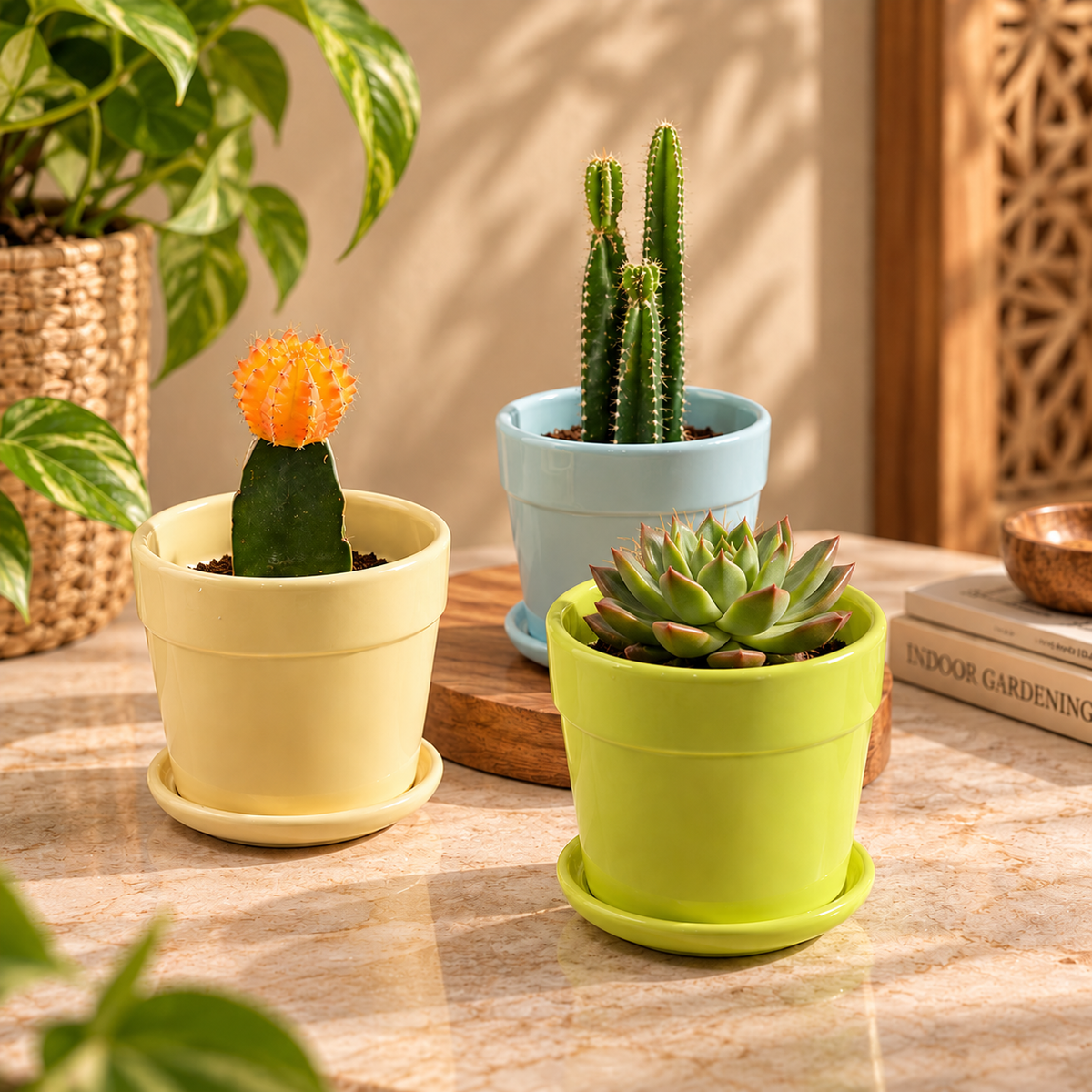 Glossy Finish Succulent Small Planter with Saucer set of 3, 3 inch