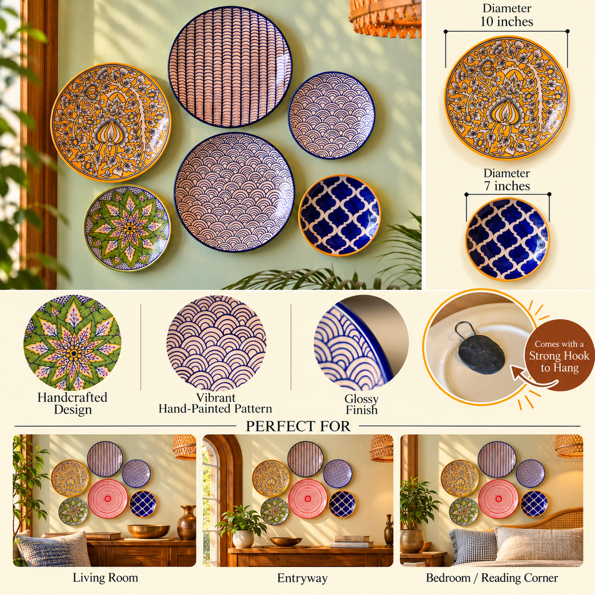 Ceramic Wall Plates Set of 6 | Handpainted Wall Decor Plates for Home Decor