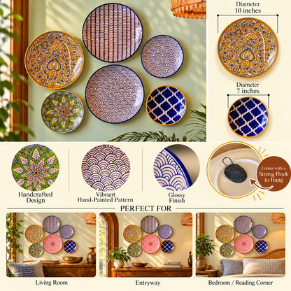 Ceramic Wall Plates Set of 6 | Handpainted Wall Decor Plates for Home Decor