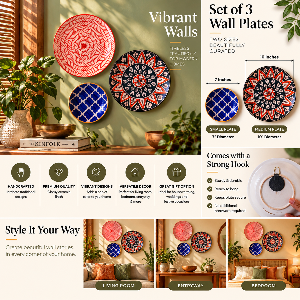 Decorative Wall Plates Set of 3 | Ceramic Wall Hanging Plates