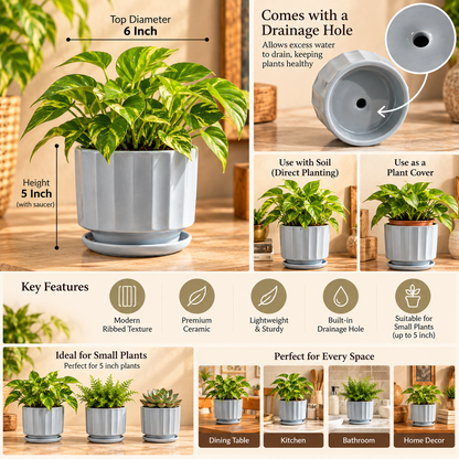 Fluted Ceramic Planter with saucer comes with a drainage hole, Grey