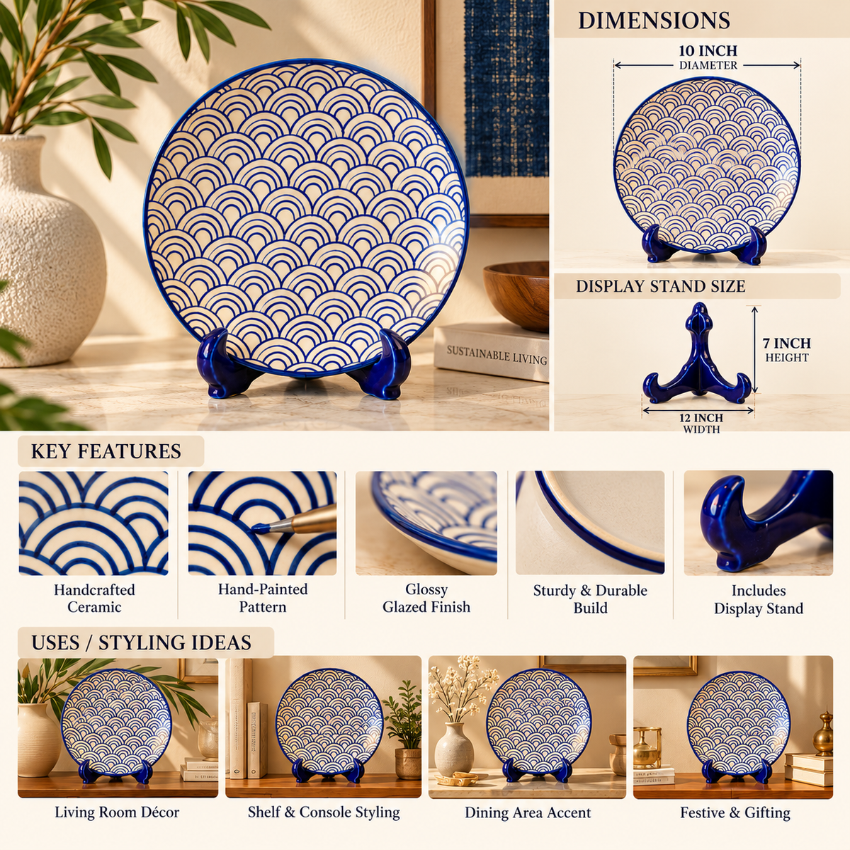 Ceramic Decorative Plate with Stand | Tabletop Display Plate for Home Décor-10 inch Plate