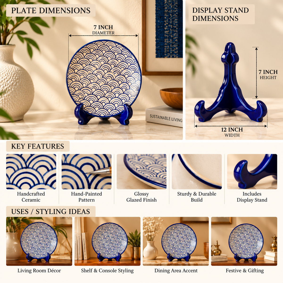 Ceramic Decorative Plate with Stand | Tabletop Display Plate for Home Décor-7 inch Plate