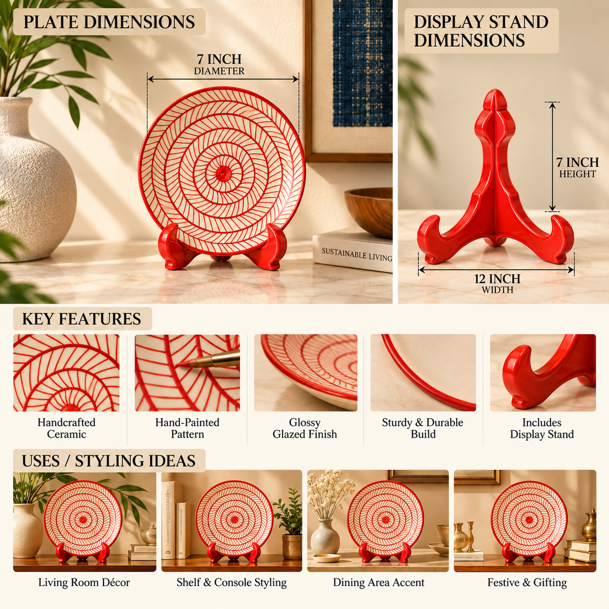 Ceramic Decorative Plate with Stand | Tabletop Display Plate for Home Décor-10 inch Plate