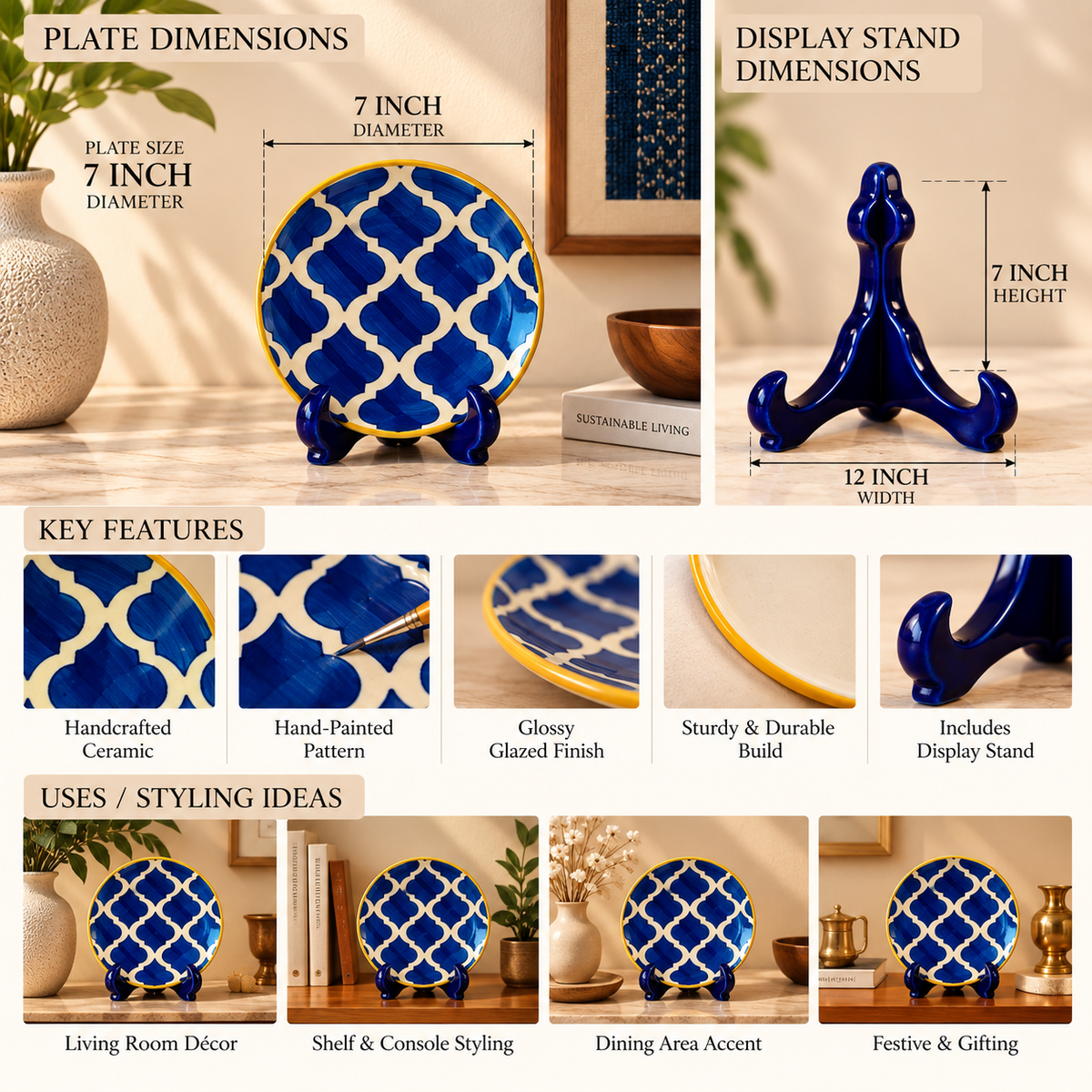 Ceramic Decorative Plate with Stand | Tabletop Display Plate for Home Décor-7 inch Plate