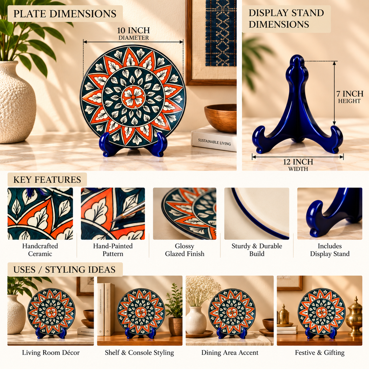 Ceramic Decorative Plate with Stand | Tabletop Display Plate for Home Décor-10 inch Plate