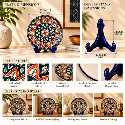 Ceramic Decorative Plate with Stand | Tabletop Display Plate for Home Décor-10 inch Plate
