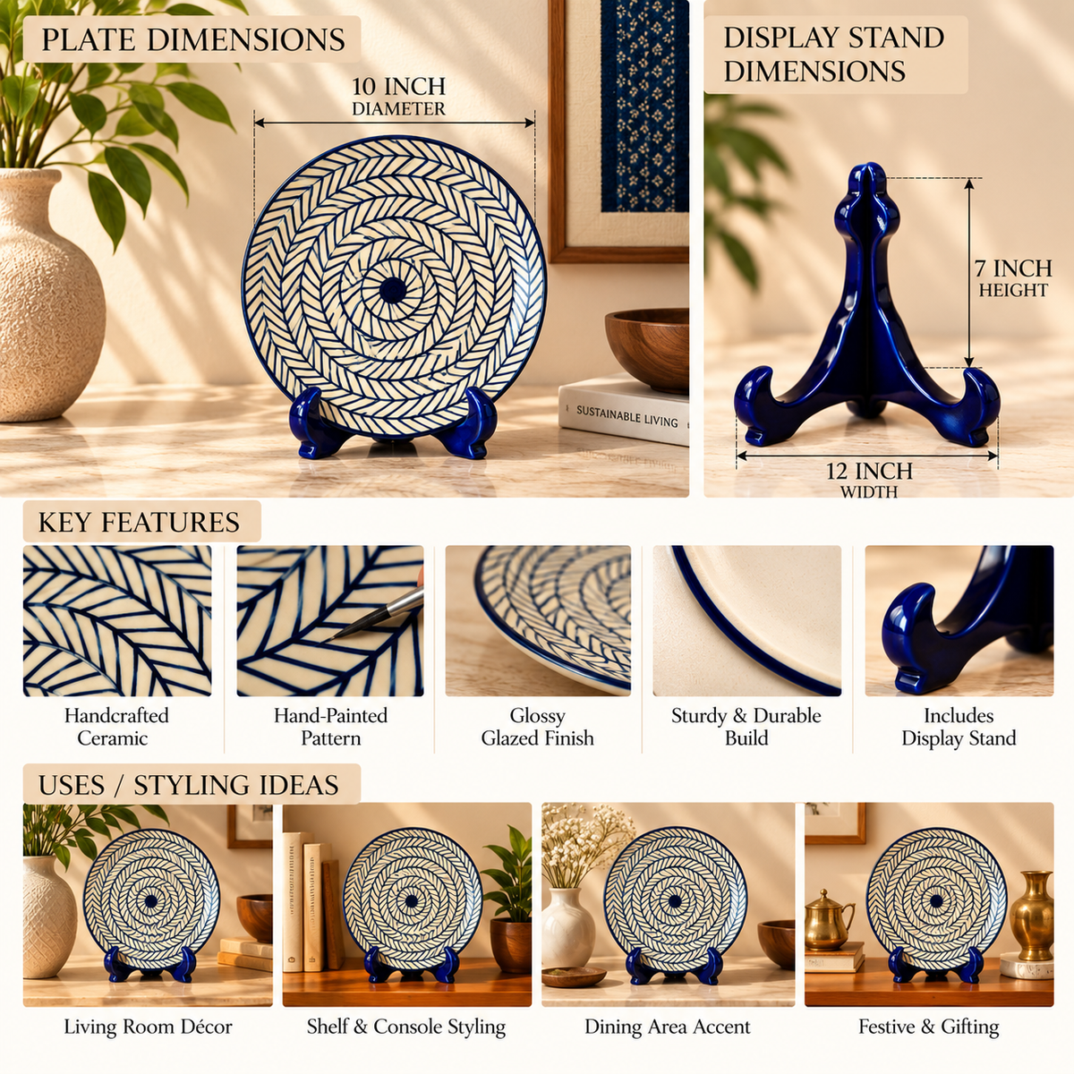 Ceramic Decorative Plate with Stand | Tabletop Display Plate for Home Décor-10 inch Plate