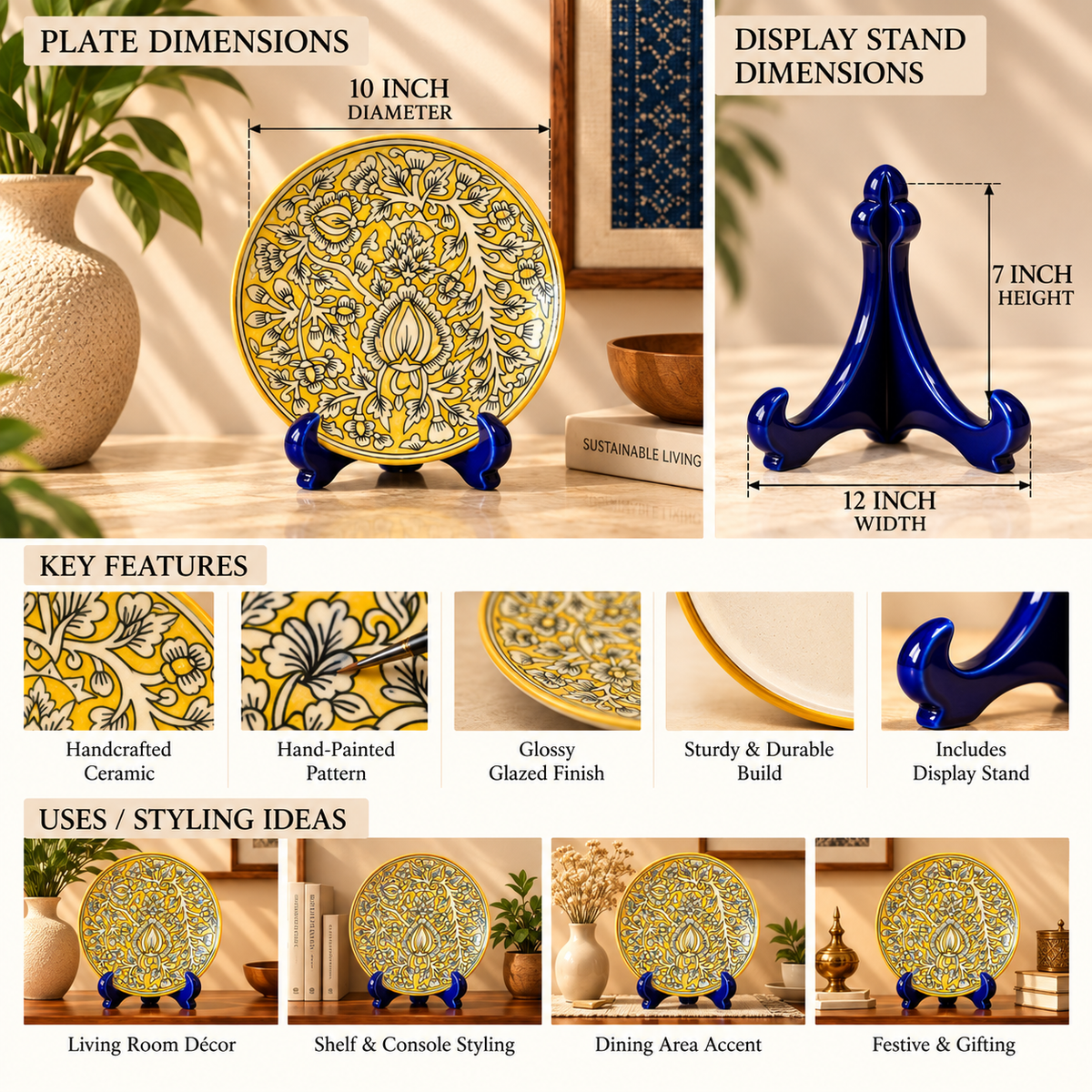 Ceramic Decorative Plate with Stand | Tabletop Display Plate for Home Décor-10 inch Plate