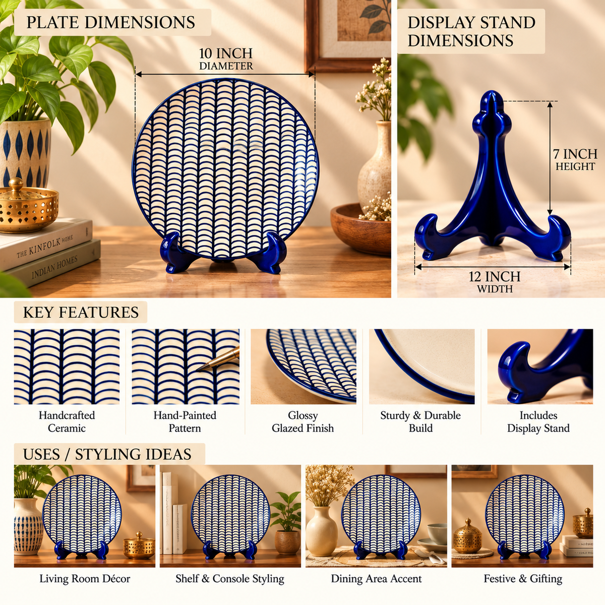 Ceramic Decorative Plate with Stand | Tabletop Display Plate for Home Décor-10 inch Plate