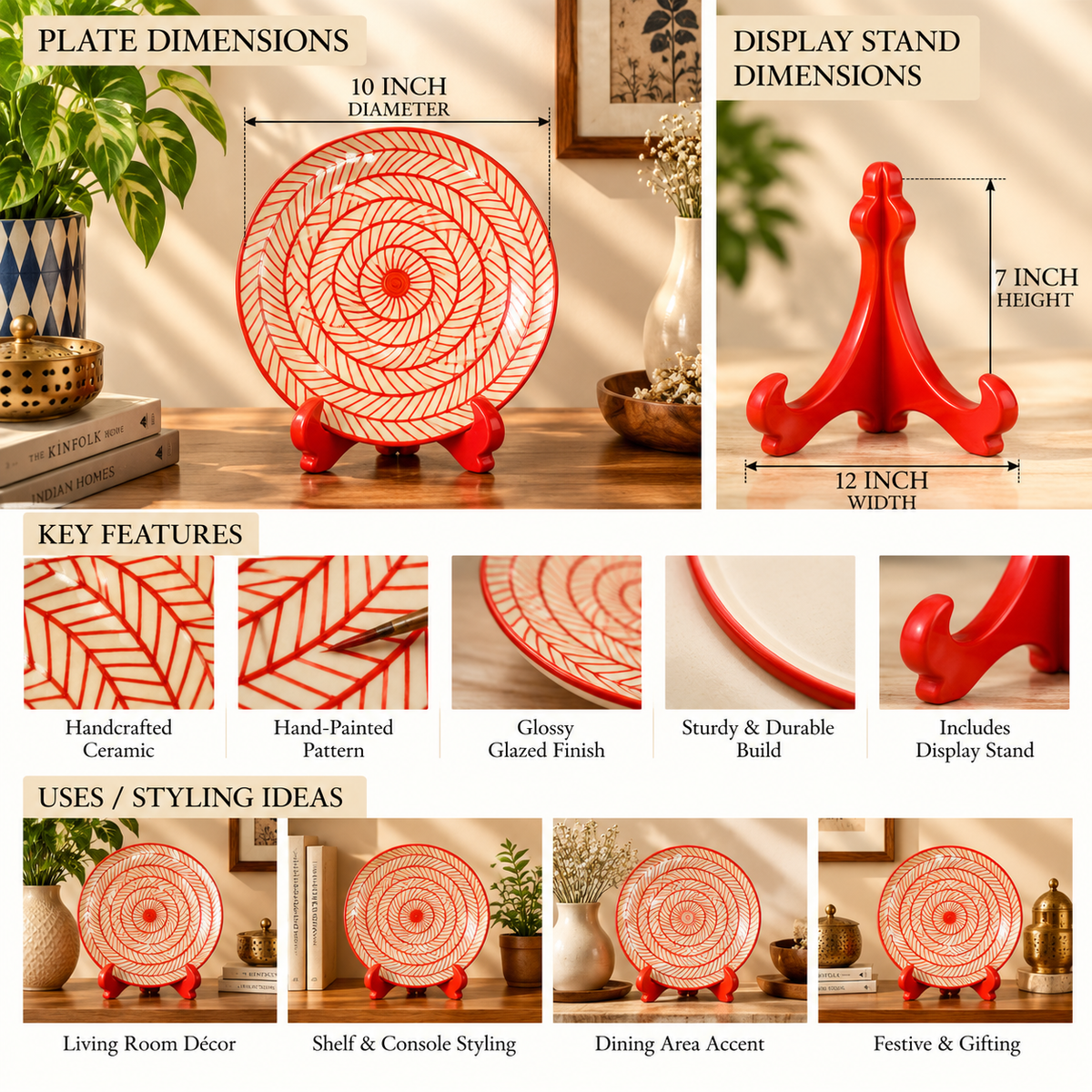 Ceramic Decorative Plate with Stand | Tabletop Display Plate for Home Décor-7 inch Plate