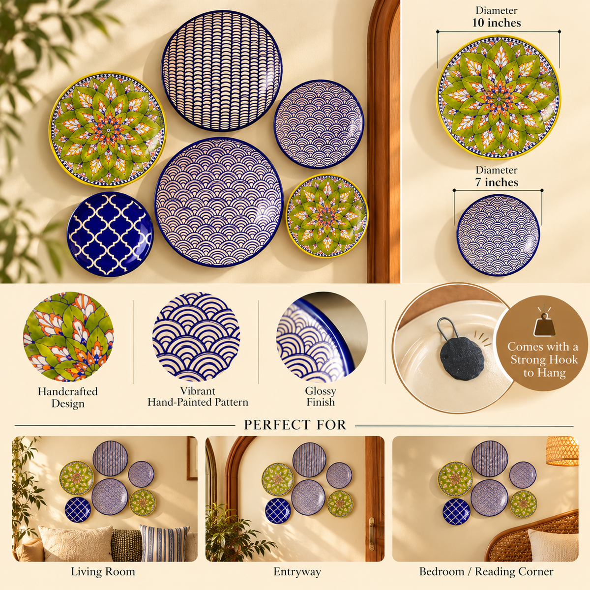 Ceramic Wall Plates Set of 6 | Wall Hanging Art for Living Room, Bedroom & Office