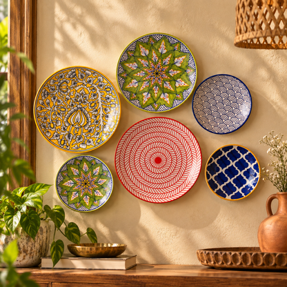 Handpainted Ceramic Wall Plates Set of 6 | Home Wall Décor & Wall Hanging Art