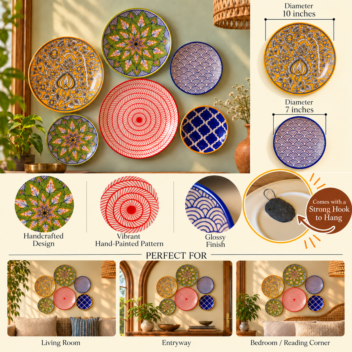 Handpainted Ceramic Wall Plates Set of 6 | Home Wall Décor & Wall Hanging Art