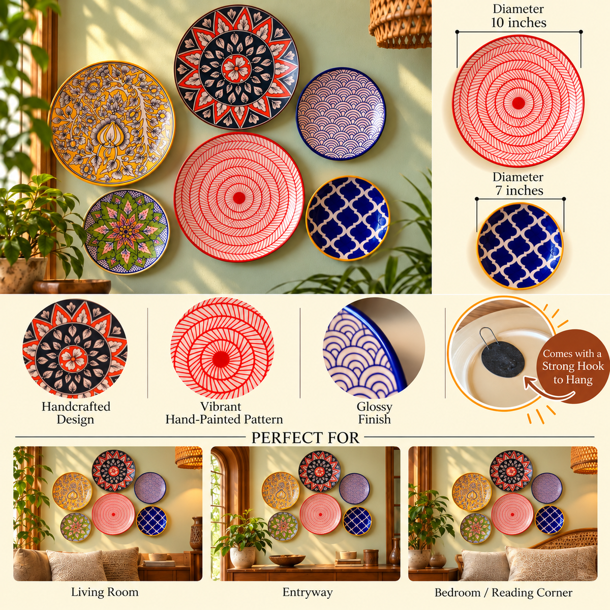 Ceramic Wall Plates Set of 6 | Wall Hanging Art for Living Room, Bedroom & Office