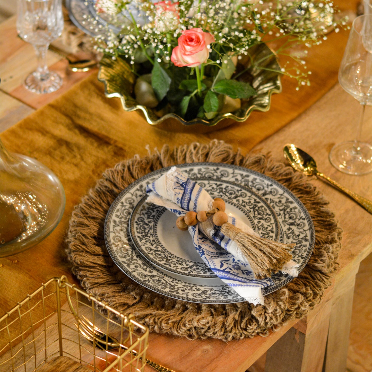 Jute Crochet Placemat for Dining Table, Handmade Round Woven Table Mat, Natural Boho Dining Table Decor, 13 Inch Diameter, Pack of 4