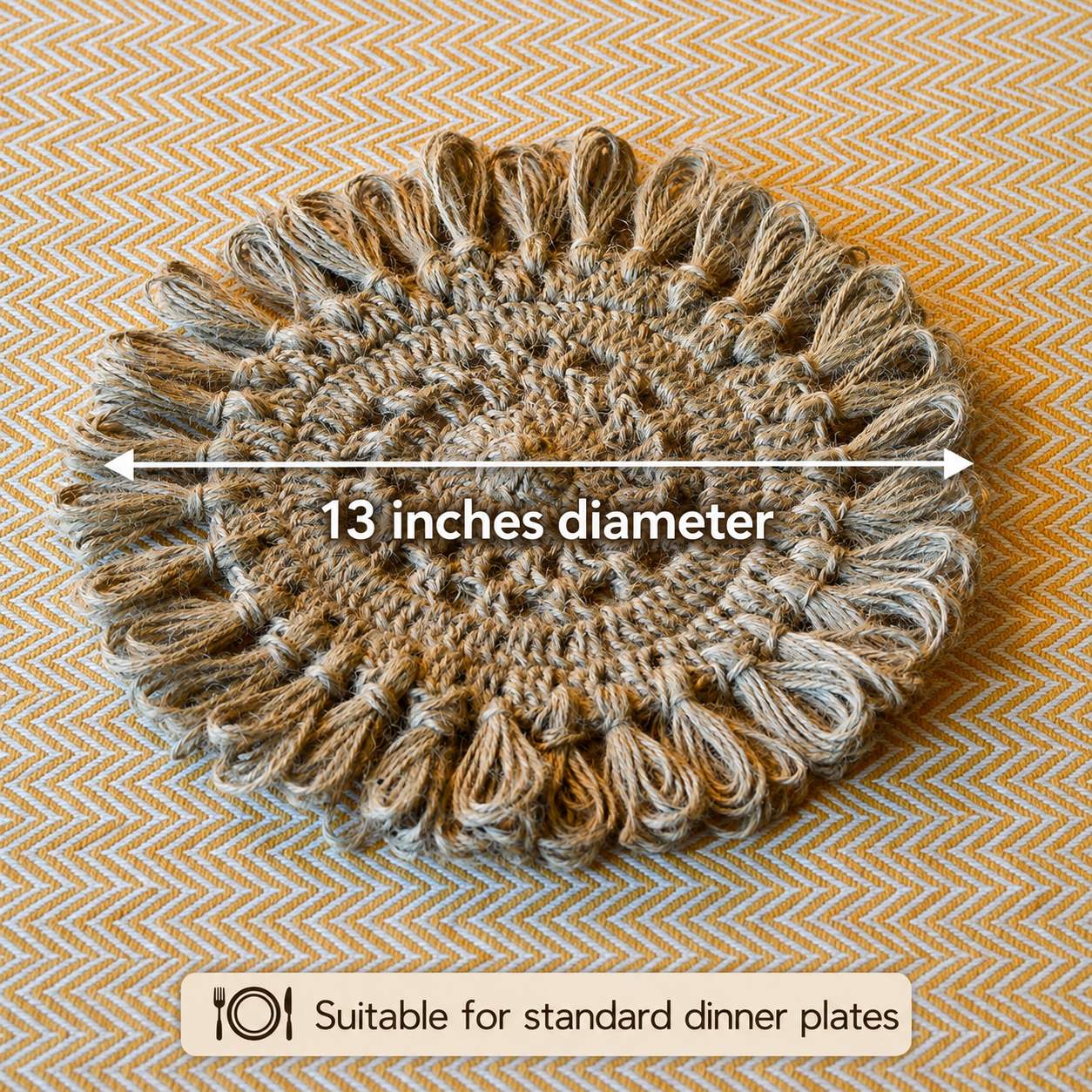 Jute Crochet Placemat for Dining Table, Handmade Round Woven Table Mat, Natural Boho Dining Table Decor, 13 Inch Diameter, Pack of 4