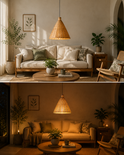 Bamboo Pendant Hanging Light for Ceiling – Boho Cane Chandelier for Living Room, Bedroom, Balcony | Handmade Rattan Hanging Lamp with Wire & Holder (Diameter - 42 cm, Height - 45 CM)