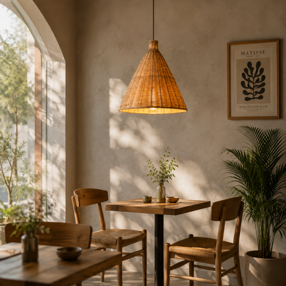 Bamboo Pendant Hanging Light for Ceiling – Boho Cane Chandelier for Living Room, Bedroom, Balcony | Handmade Rattan Hanging Lamp with Wire & Holder (Diameter - 42 cm, Height - 45 CM)