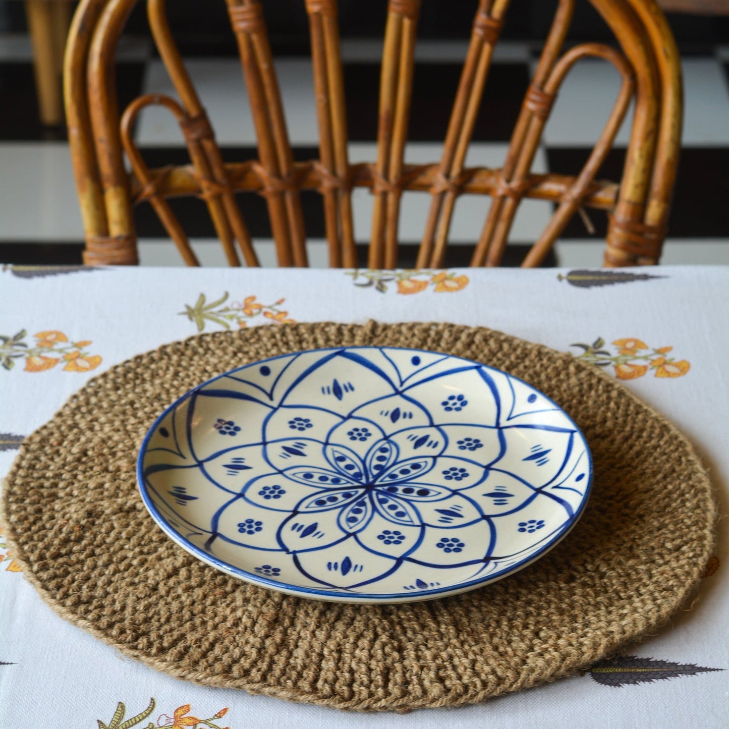 Large Bohemian Jute Round Table Mat (Set of 2)