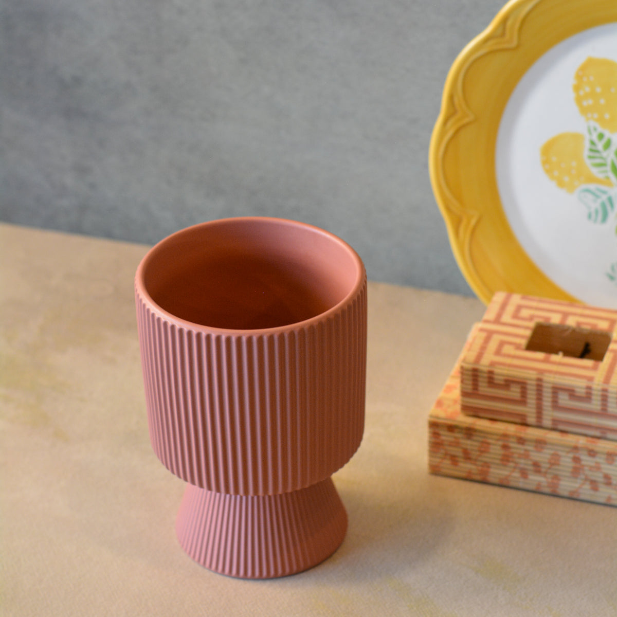 Ribbed Ceramic Planter, 4 Inch | Flower Pot for Indoor Plants with Drainage Hole, Peach