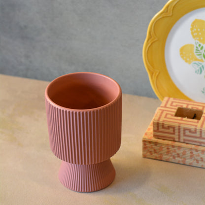 Ribbed Ceramic Planter, 4 Inch | Flower Pot for Indoor Plants with Drainage Hole, Peach