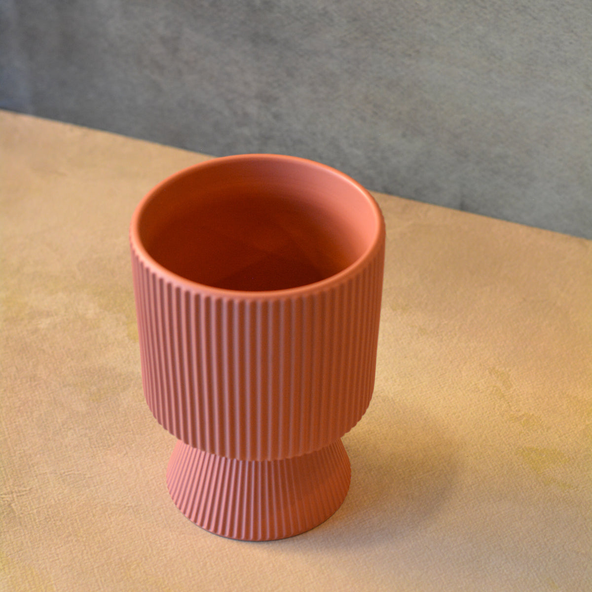 Ribbed Ceramic Planter, 4 Inch | Flower Pot for Indoor Plants with Drainage Hole, Peach