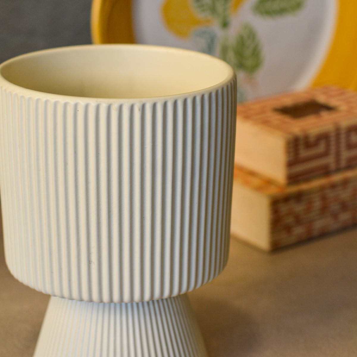Ribbed Decorative Plant Pot for Home & Tabletop , Off -White