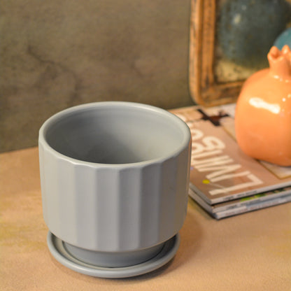Fluted Ceramic Planter with saucer comes with a drainage hole, Grey