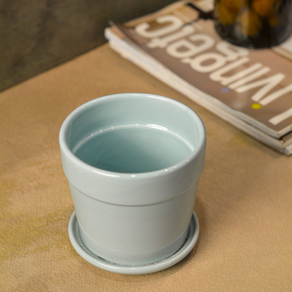 Glossy Finish Succulent Small Planter with Saucer, 3 Powder Blue