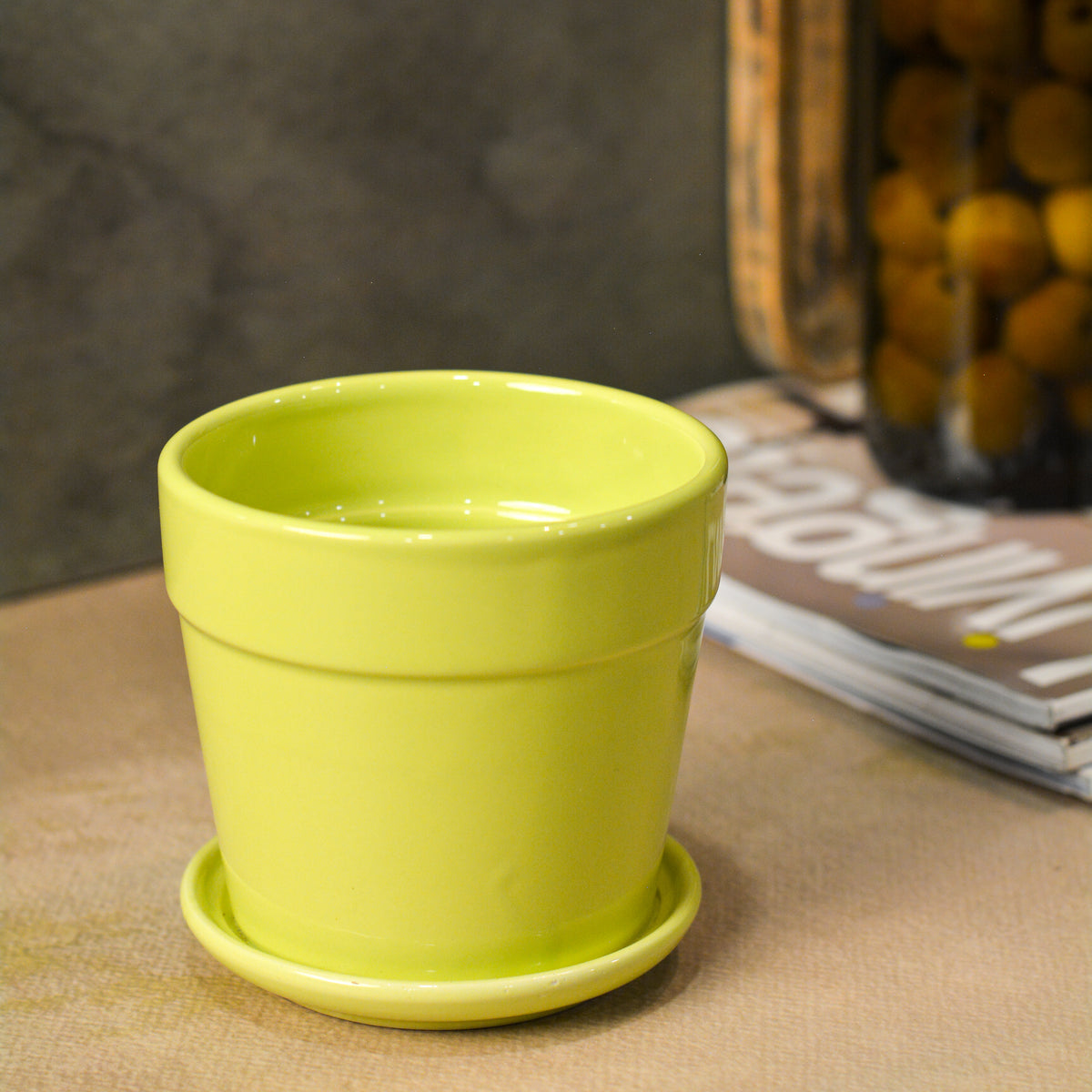 Glossy Finish Succulent Small Planter with Saucer, 3 inch Lime Green
