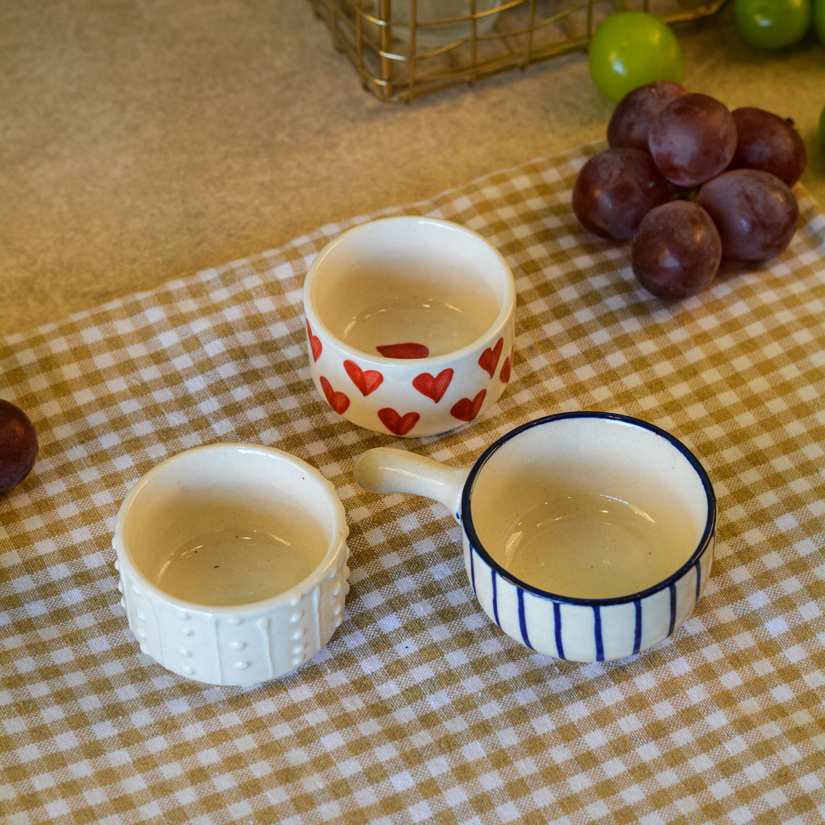 Ceramic Combo Chutney Bowl | Small Dip Bowls with Handles - Set of 3