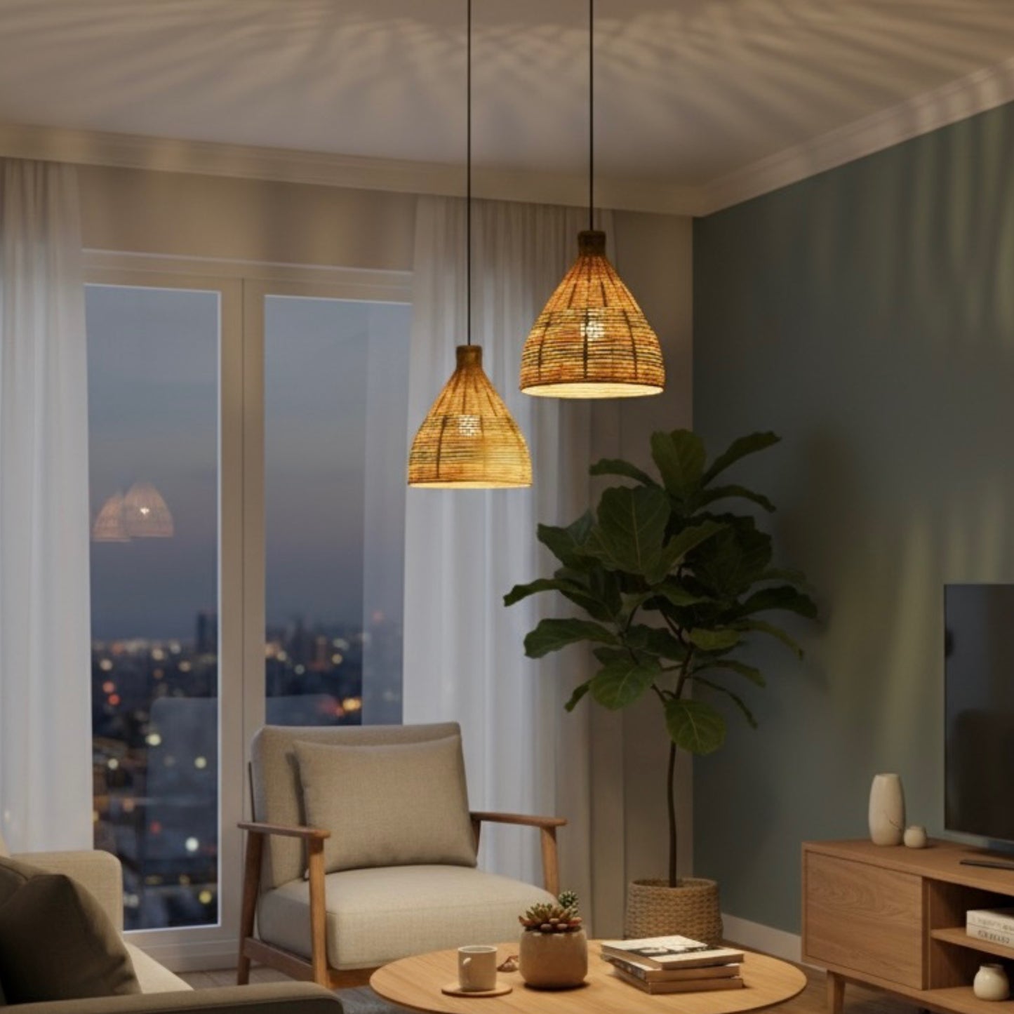 Conical Hanging Bamboo Lamp (Set of 2)