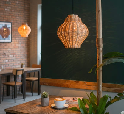 Handicraft Hanging Bamboo Cane Pendant Light Lamp For Diwali & Home Decor | Cafe Hanging Lamp| Resort Hanging Lamp, With Wire & Holder (Design 2, Pack Of 1),Brown
