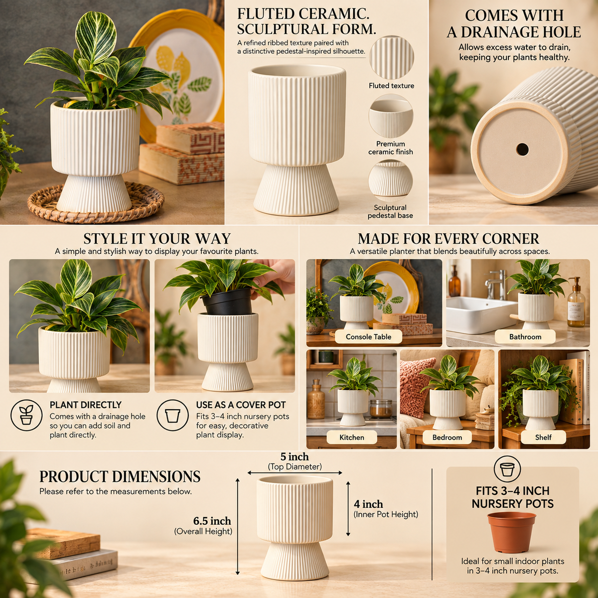 Ribbed Decorative Plant Pot for Home & Tabletop , Off -White