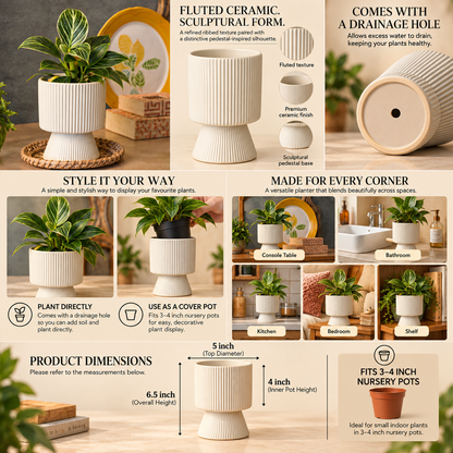 Ribbed Decorative Plant Pot for Home & Tabletop , Off -White